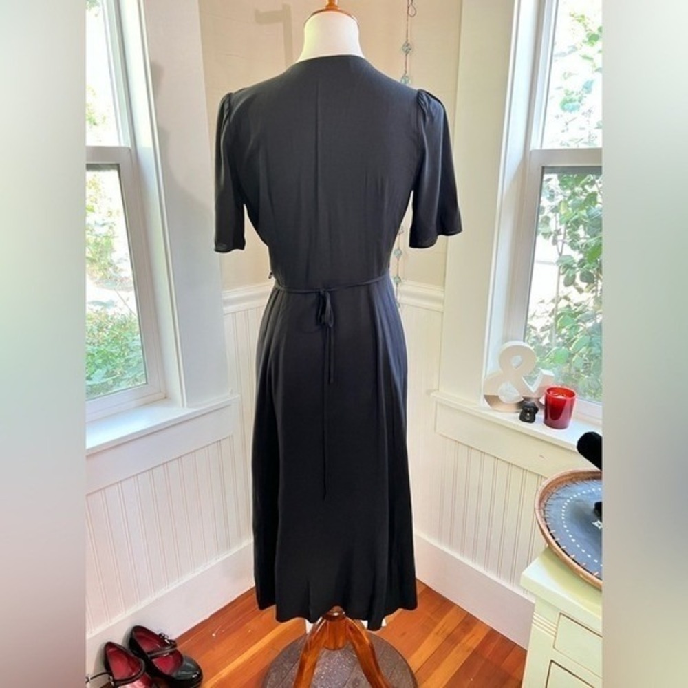 Everly Black Wrap Midi Dress Deep V-Neck Flutter Sleeve Ruffle Small - Picture 9 of 9